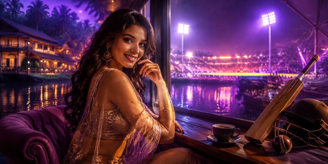 Cricket and betting scene in Kerala city with vibrant lights